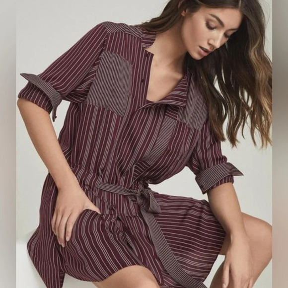 NWT Reiss Albi Striped Mini Shirtdress Berry & Ivory Size 6 - Picture 2 of 10
